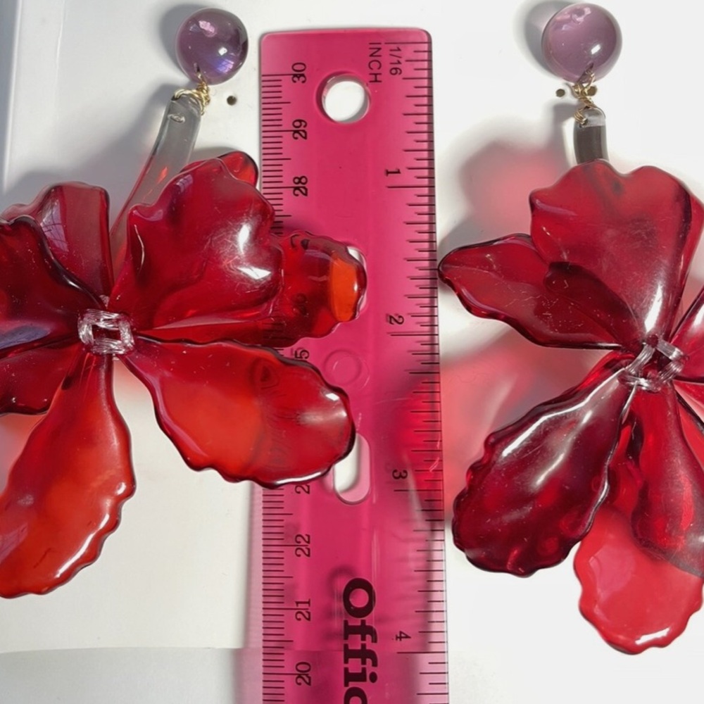 ZARA Flower Earrings Dangle Boho Statement Hibiscus Acrylic Clear Red 🍒 - Picture 3 of 4